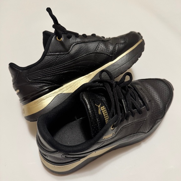 PUMA Women’s Black Leather Sneakers with Gold Accents – Size 5.5 - Picture 1 of 5